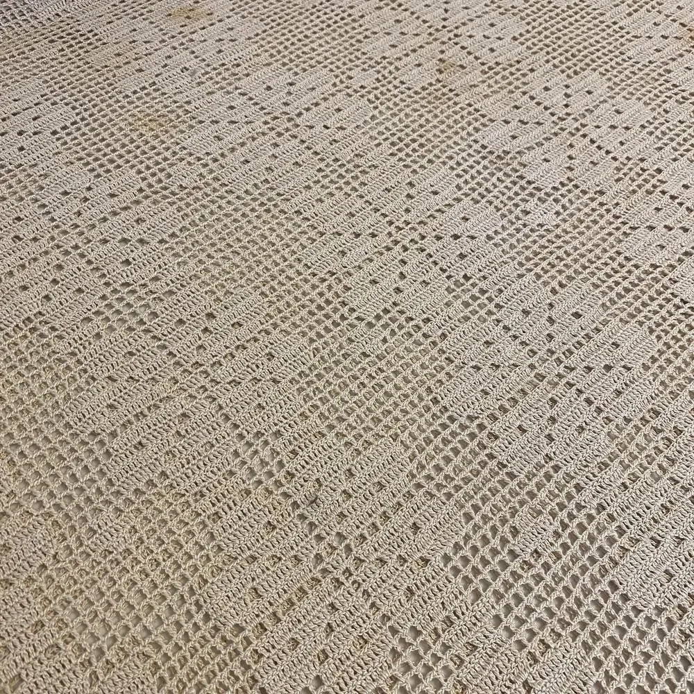 VTG 80s HandCrocheted Lace Tablecloth Beige Handmade Floral CottageHome 53x98”
